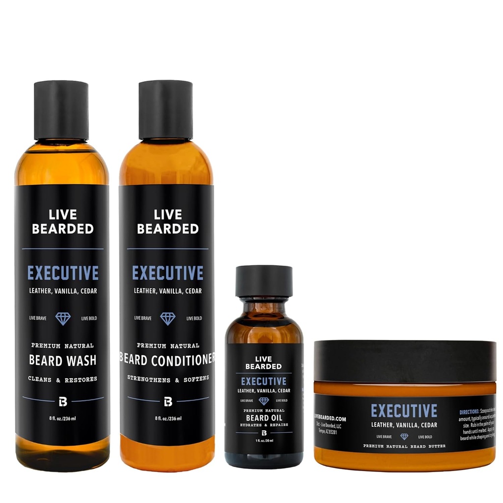 Live Beard Complete Beard Grooming Kit - Wash, Balsam, Unt și Ulei - Made in the USA with All-Nature Ingredients - Mens Groom Set 