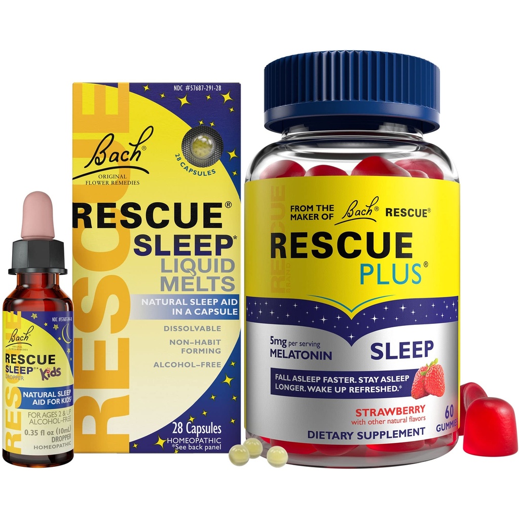 RESCUE Nighttime Sleep Aid Bundle, 3Pk - Bach Sleep Kids Dropper, 10ml Sleep Liquid Melts, 28Ct Plus Sleep Gummies cu 5mg Melatonină/doză, 60Ct