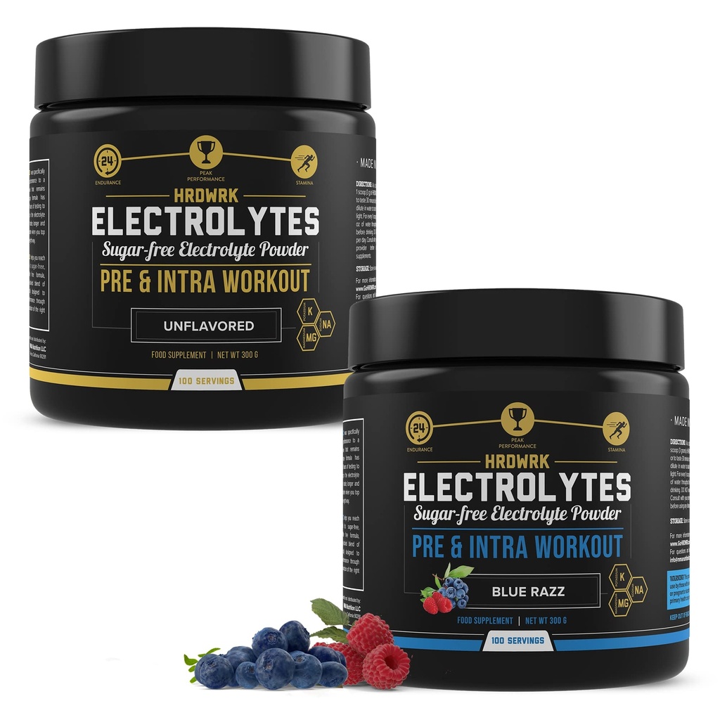 MMA Nutritie HRDWRK 100 Serviri Keto Electroliti Pulbere Hidratare Zahăr gratuit - Electrolit Pulbere pentru a stimula rezistenta si reduce oboseala cu Electroliți Supliment - Unflavored & Blue Raspberry Set
