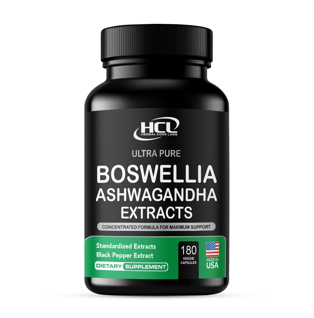 Extract Boswellia și capsule Ashwagandha 2000 mg - Pastile de sprijin natural puternic 3 luni de aprovizionare - Consimțământ Boswellia Serrata 65% Acid Boswellic cu supliment de pulbere Ashwagandha