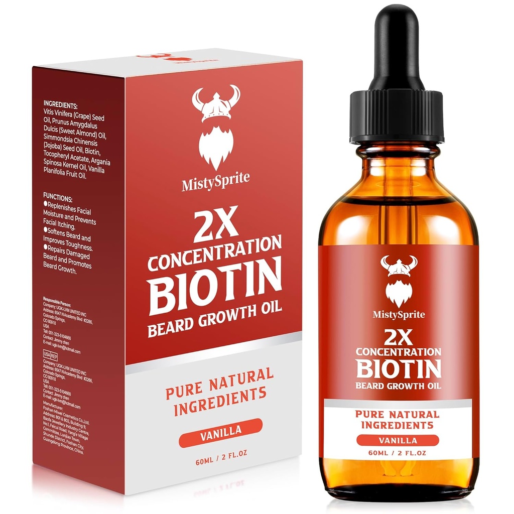 Ulei de creştere bărbos - 2X Biotina de concentrare pentru bărbaţi (2 oz) - Natural cu Argan, Jojoba şi vitamina, Softener de creştere, Moisturizer (Vanilla)