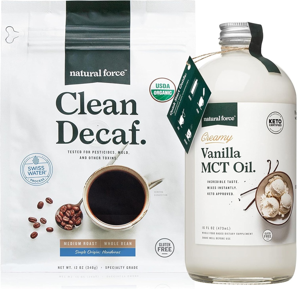 Natural Force Organic Clean Decaf cafea + Creamy Vanilla MCT ulei Bundle 