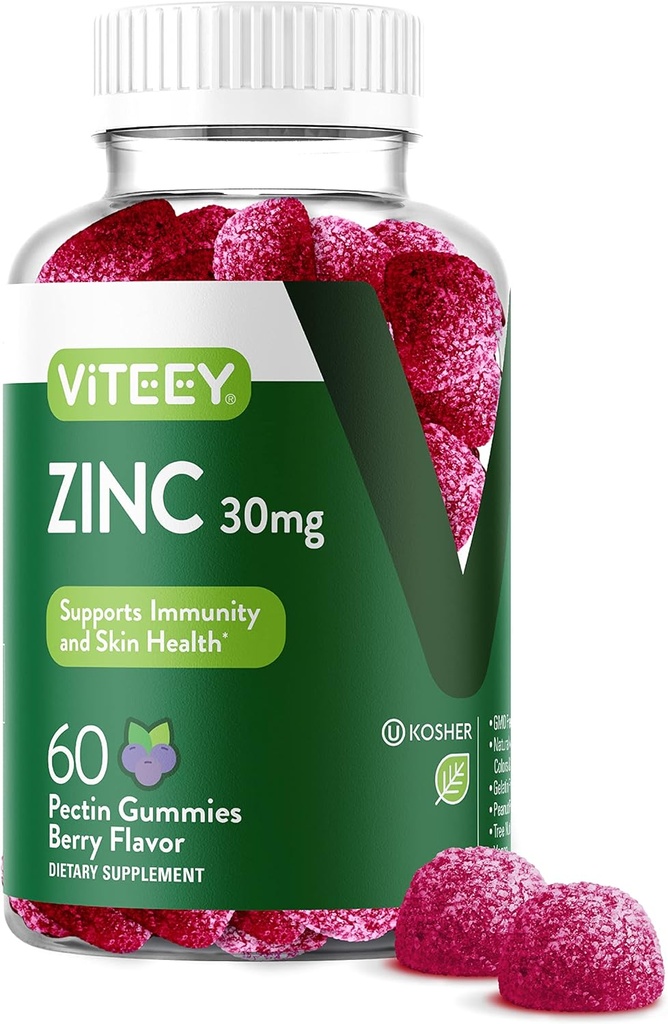 Gume de zinc Viteey pentru femei si barbati - Supliment de sprijin imun - 30mg - Vegan, Gelatină gratuit, non OMG-uri - 60 Conte