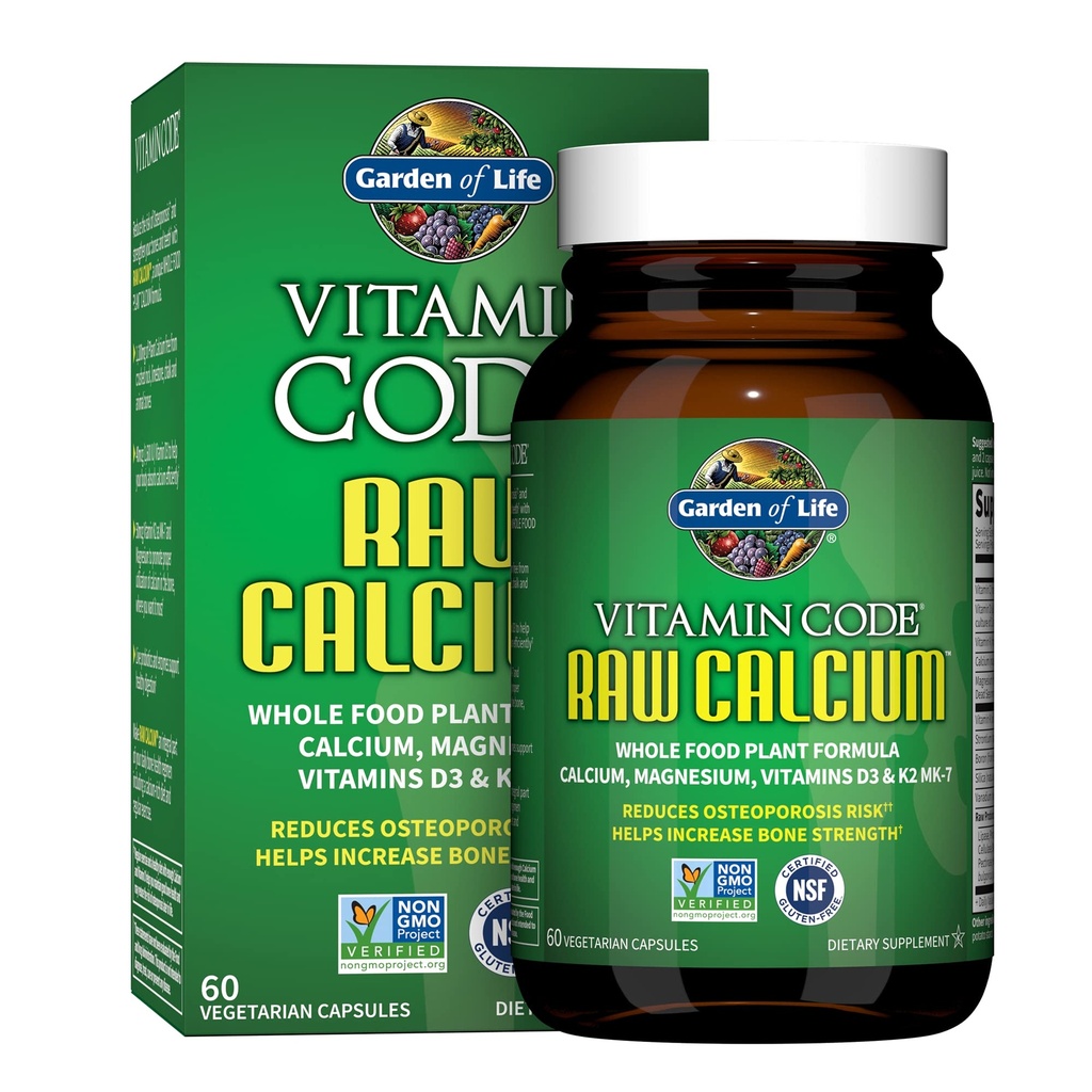 Gradina de viata supliment de calciu brut pentru femei si barbati - Codul vitaminelor fabricate din alimente integrale cu magneziu, K2, vitamina D3 si vitamina C Plus Probiotice pentru digestia, 60 capsule