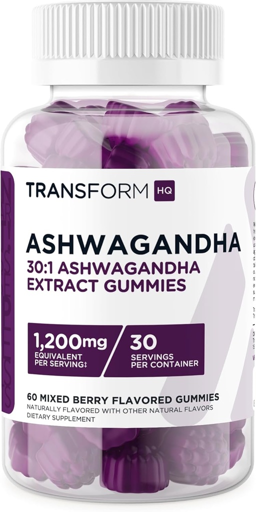 TransformHQ Ashwagandha Gummies 1200mg, 60 Gummies (amestecat Aroma de Berry) - Ashwagandha Supliment de extract de plante - 30 Servings, Gluten Free, Non-GMO