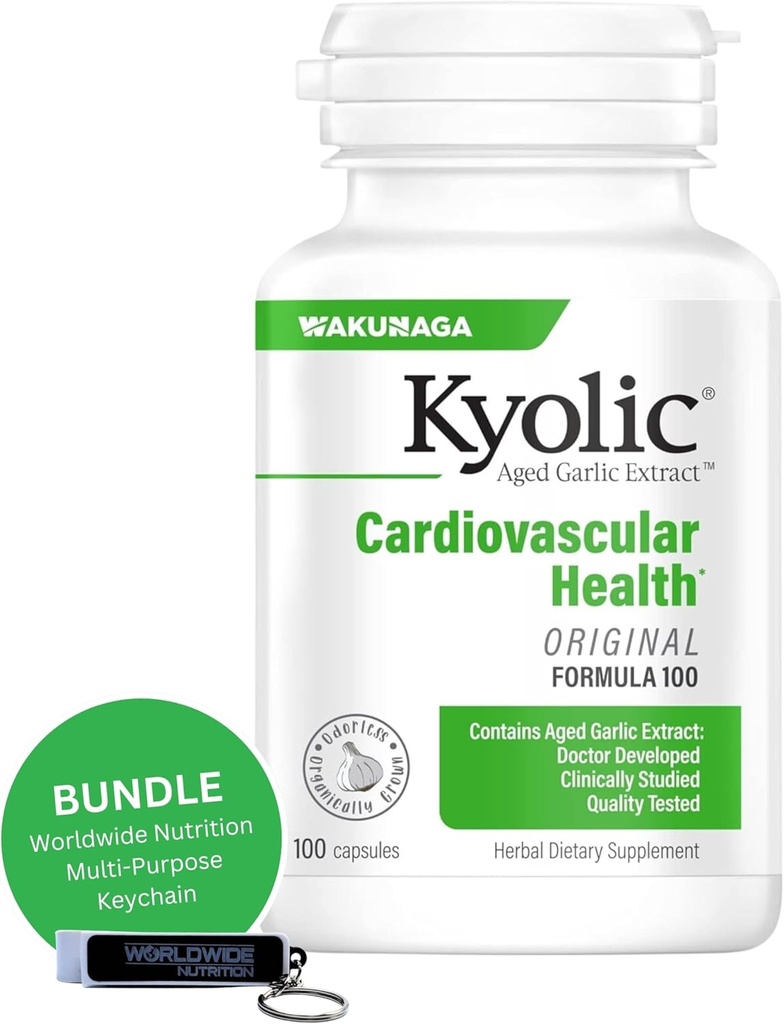 Nutriție la nivel mondial Bundle: Kyolic Aged extract de usturoi Formula 100, original cardiovascular, 100 capsule și Multi-Purpose Key Chain (Packaging May Vary)