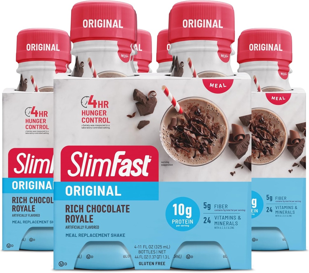 SlimFast Masă de înlocuire Shake, original bogat ciocolată Royale, 10g de gata să bea proteine pentru pierderea in greutate, 11 Fl. Oz Sticla, 4 Conte (Pachet de 3) (Pachet de mai Vary)