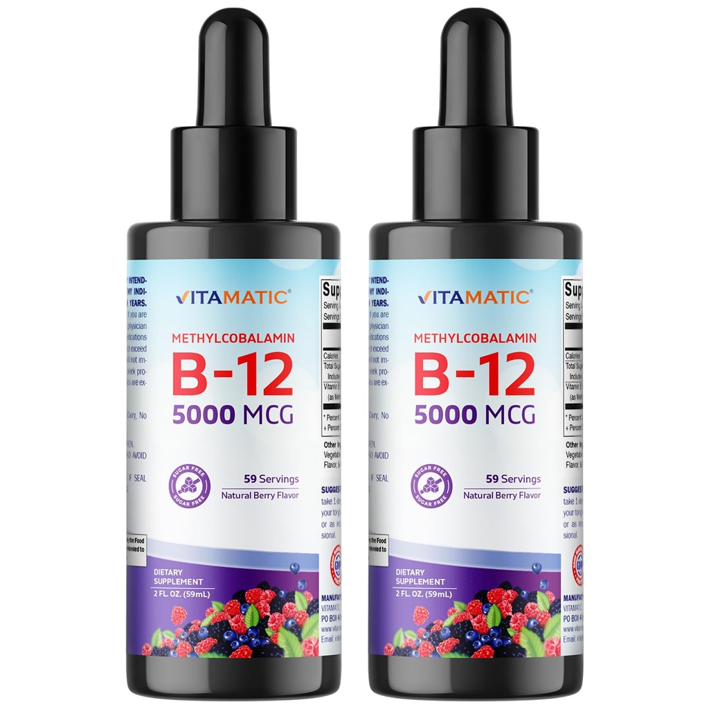 Vitamatic 2 Pachete cu vitamina B12 5000 mcg (Metilcobalamină) - Aroma naturală de Berry - Supliment sublingual - Absorbție mai rapidă - 2 OZ