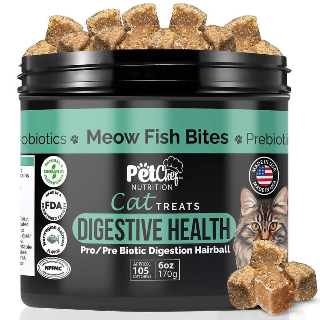 Pet Chef Meow Bites: Premium Premium Pro & Prebiotic Digestion Cat Treats - Îmbunătăţirea Digestion - mai bine bronz Fortiflora Probiotice pentru pisici - opreşte Vărsături Cat toate vârstele