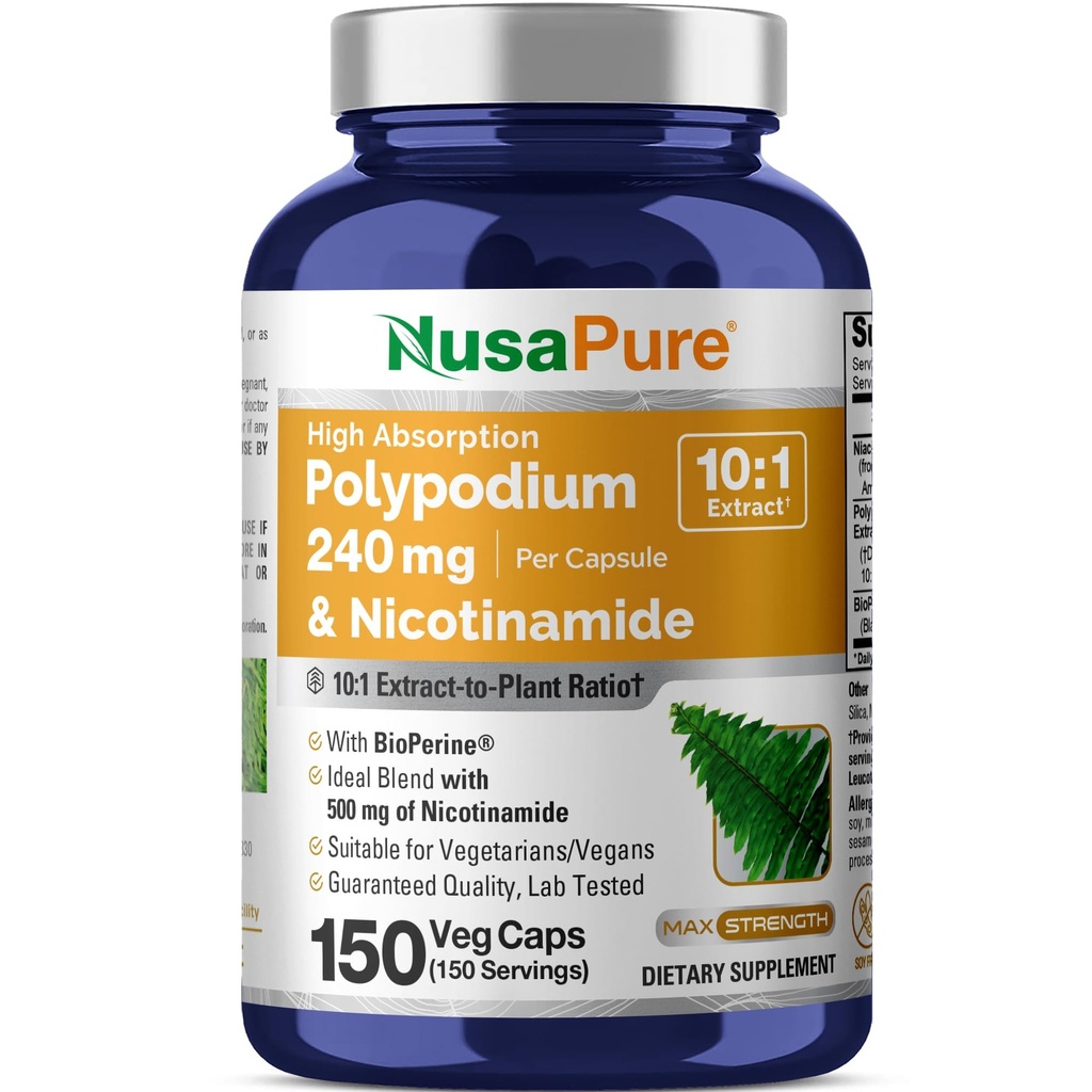 NusaPure Polypodium Nicotinamidă 10:1 Extract, 240 mg echivalent cu 2400 mg per Veg Caps - 150 Count (non-GMO, Soyfree, Bioperine)