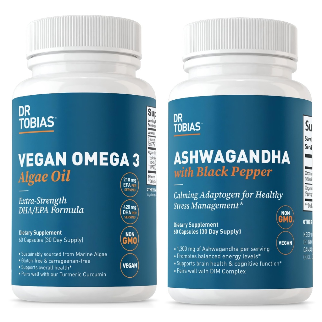 Dr. Tobias Vegan Omega 3 Algae Oil și capsule Ashwagandha, susține reziliența, Immune Health, și Global Wellness, Non-GMO, Vegan