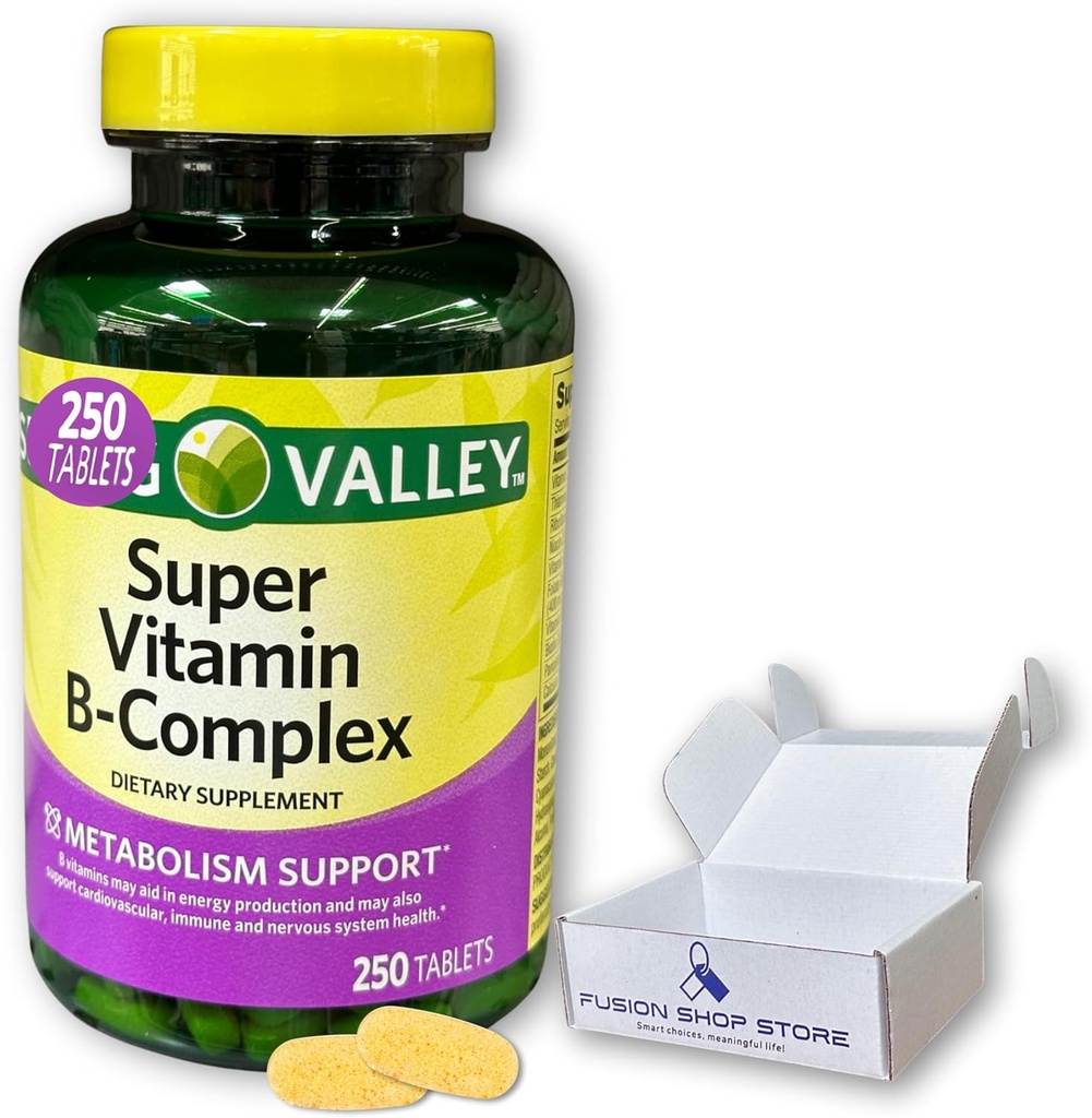 Super Vitamina B Complex Spring Valley- Tablete 250 Amestec de B6 B12 C tiamină biotină folat pantotenic Acid și riboflavină, Boxed by Fusion Shop