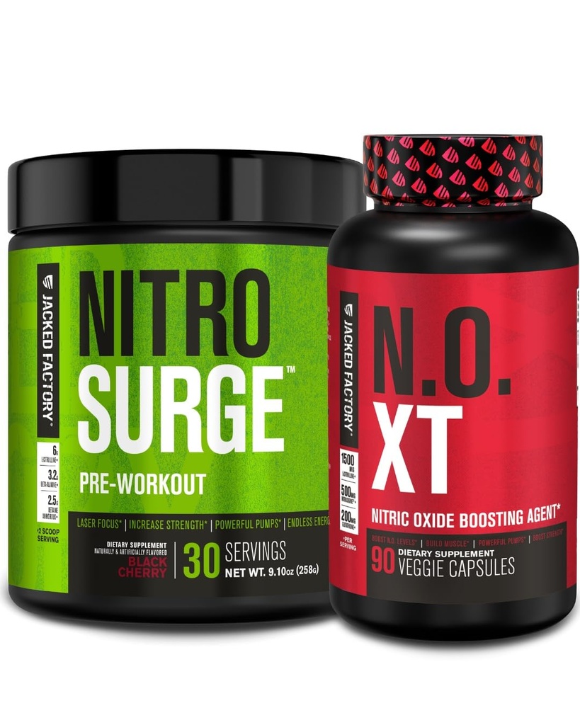 Fabrica Jacked Nitrosurge Pre-workout în negru Cherry & N.O. XT oxid de azot Booster pentru bărbați și femei