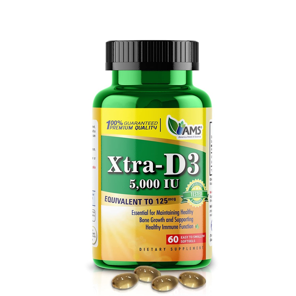 America Medic & Science Xtra D3 Vitamina D 5000 UI (125 mcg) Colecalciferol Supliment pentru bărbaţi şi femei (60 Easy to Swallow Softgels) Cel mai bun pentru Bone, Heart Health, Immune System Support, Lung Function
