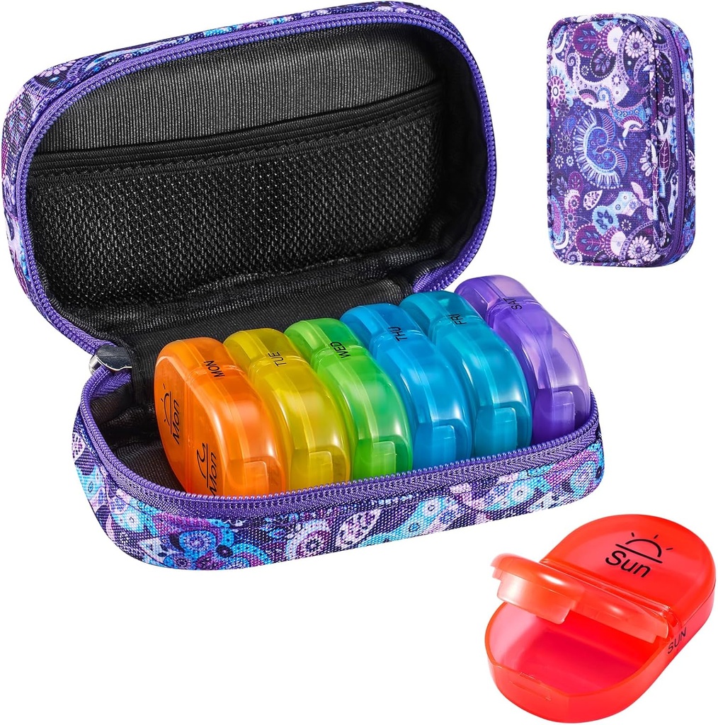 Serfeymi Weekly Travel Pill Organizator 2 Times A Day AM PM Upgraded Rainbow Pilula Box 7 Ziua cu Portable Zipper Canvas Pill Case, Medicina Organizator pentru pastile, vitamine, uleiuri de pește - Purple 01