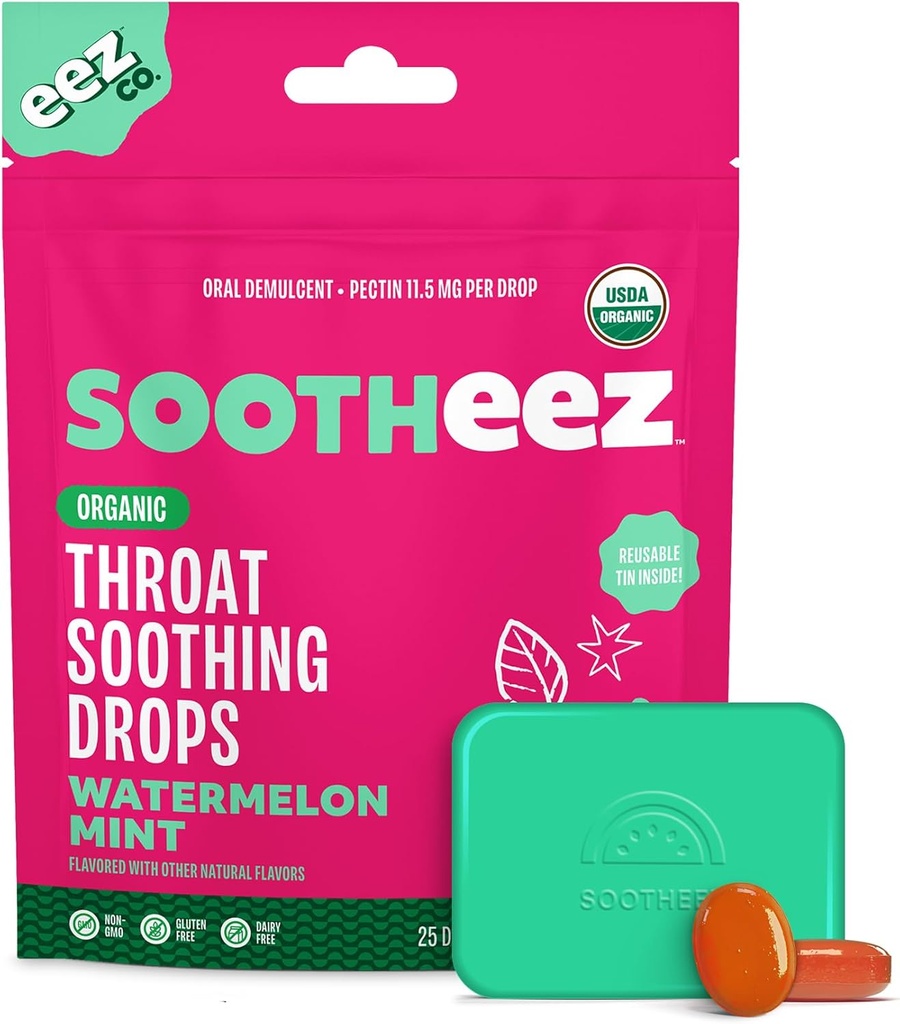 Soothez Organic Throat Soothing picături pentru adulți, mentă pepene verde, 25 Conte, Refillable, mari picături gustare care Sooth Sore gâturi