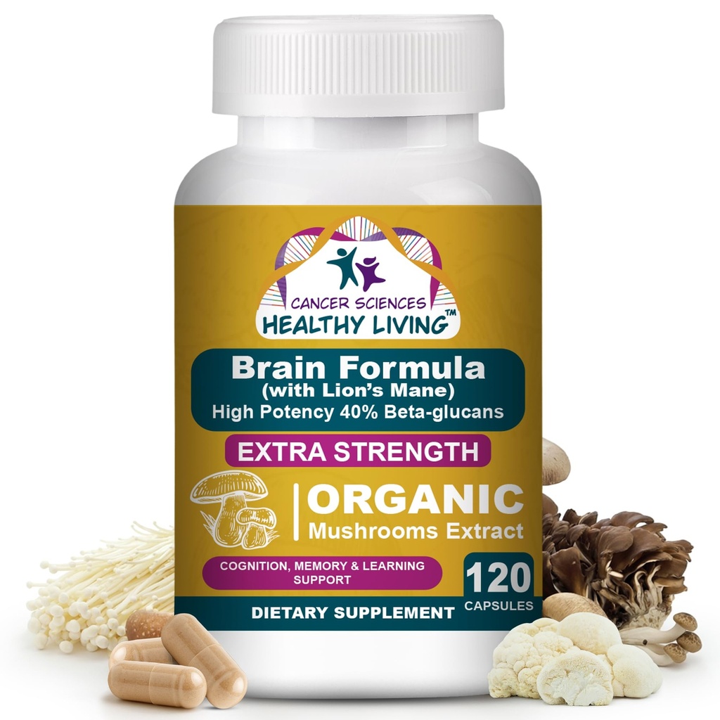 Cancer Sciences Creier Suplimente pentru Memorie si Focus - 1500 mg Brain Health Mushroom Supliment pentru Adulți și Seniori - Potență ridicată 40% Beta-Glucans pentru Suport Immune & Vitamine, 120 Capsule