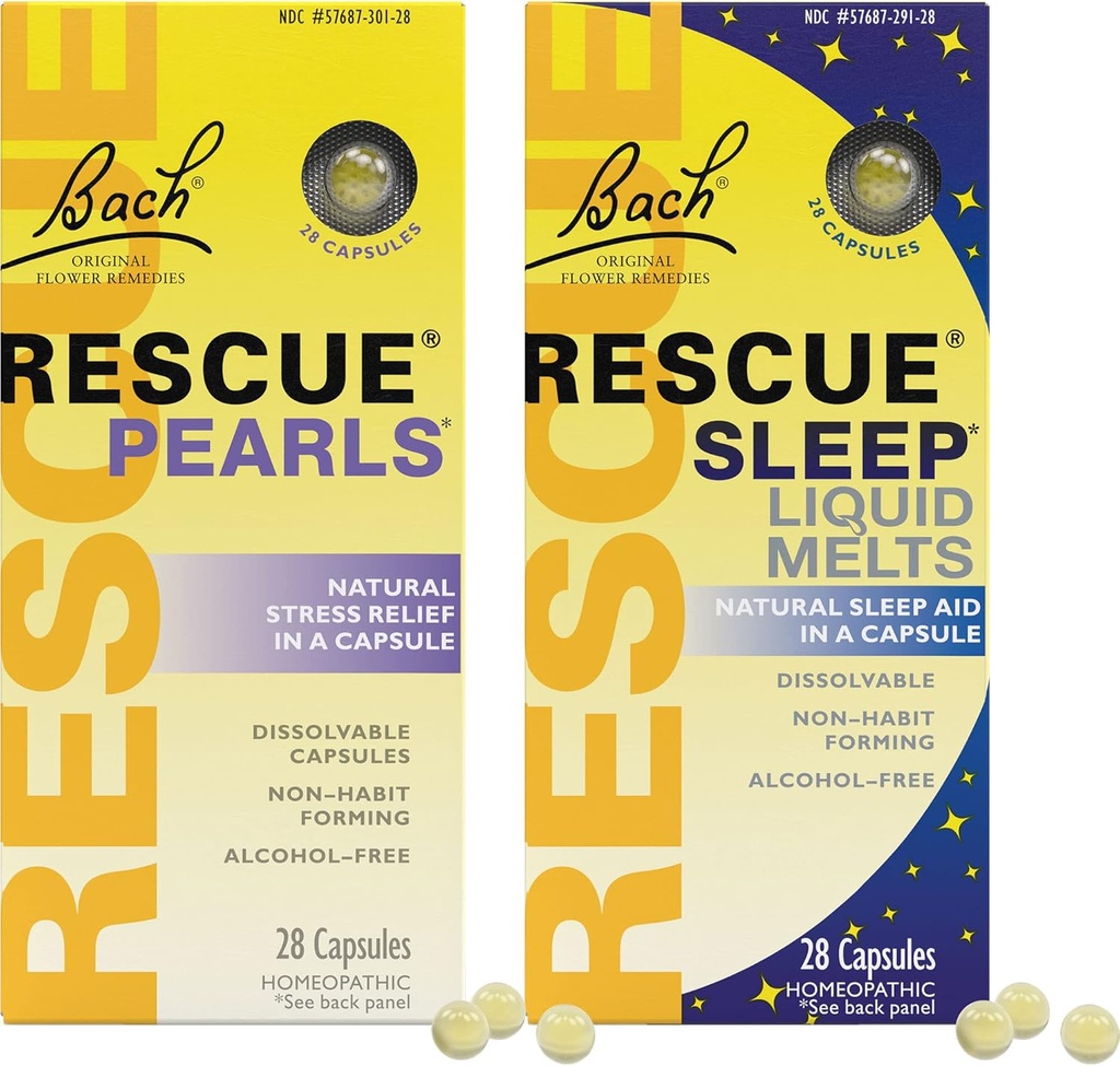 Stress & Sleep Bundle, Bach RescUE Pearls, Natural Stress Relief [și] RESCUE Sleep Liquid Melts, Natural Sleep Aid - 2-Pk, Homeopatic Flower Essence