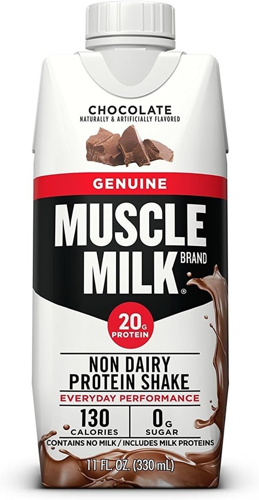 Muscle Milk Genetic Proteine Shake, Ciocolata, 11 Fl Oz Cutie, 12 Pack, 25g Proteine, Zero Zahăr, Calciu, Vitamine A, C & D, 5g Fibră, Energizant Snack, Antrenament de recuperare, Ambalaje mai Vary