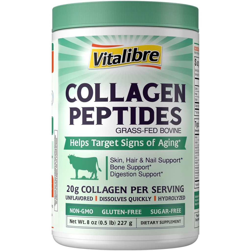 Bovine Colagen Peptides Pulbere pentru femei și bărbați, Grass-Fed Hidrolized Colagen Proteine tip I & III, Piele, Păr, Nails, Oase, Digestia, Nearvored, Non-GMO, Keto & GF, 11 Servings, 8oz