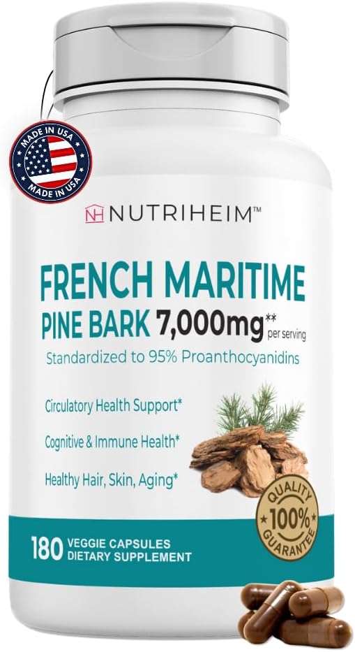 Extract de scoarță de pin maritim francez 7000 mg cu 95% Proanthocyanidins pentru circulatie, sanatate cardiaca, piele, suport cognitiv - 20:1 Ratio & 180 Capsule vegetale - non-GMO, gluten-free, Vegan-Friendly