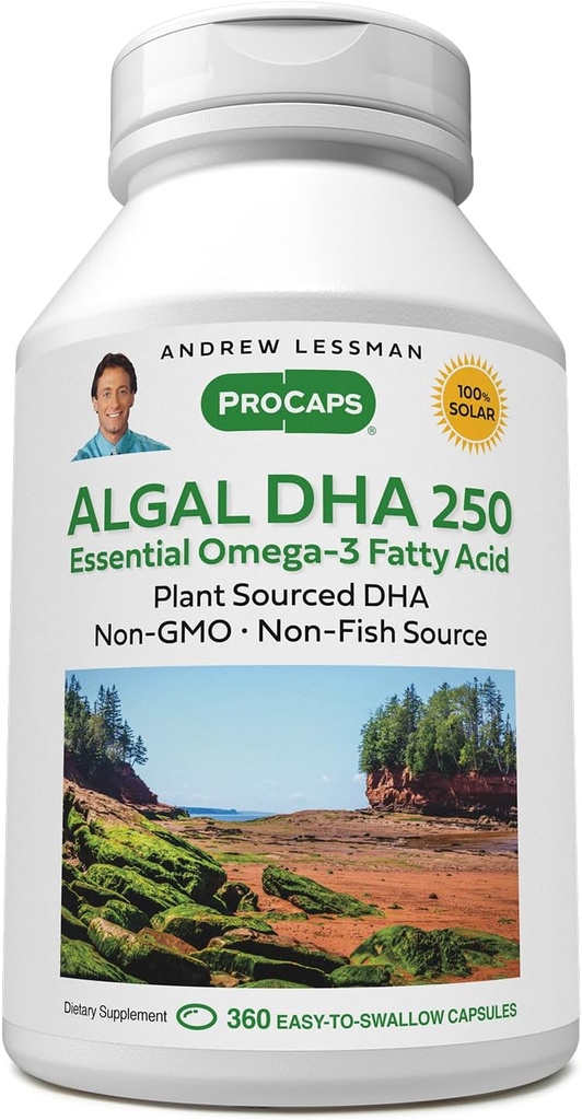 ANDREW LESSMAN Algal DHA 250mg 360 Softgels - Petroluri Omega-3 pe bază de plante, Algae Marine naturale, DHA ridicat, non-GMO, Potență ridicată, Nu Upsed stomac, Nu gust de pește. Mici uşor de înghiţit