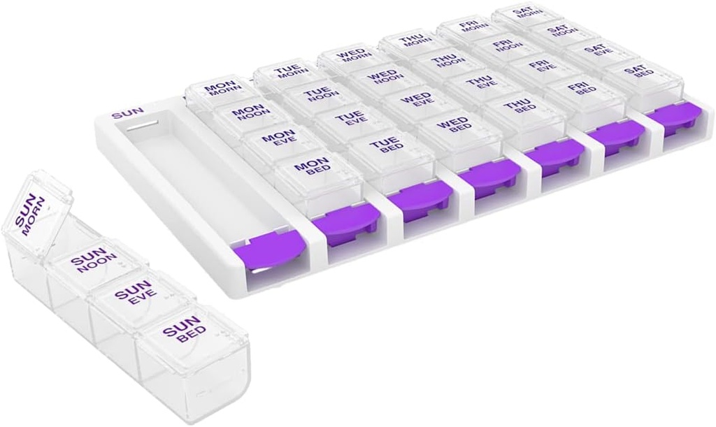 EZY DOSE Săptămânal (7 zile) 4 ori pe zi Push Button Pill Organizator și Planificator de vitamine, Removable Daily Pillboxes, Purple, Clear Lids, Mici