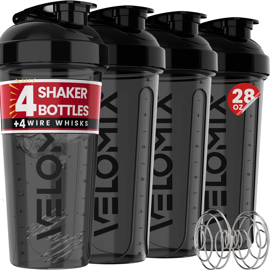 VELOMIX -4 PACK- 28 oz Proteina Shaker flacon pentru amestecuri de proteine - 4x sârmă Whisk 