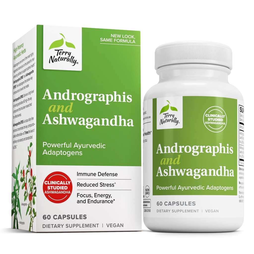 Terry Natural Andrographis și Ashwagandha - Suplimentul de sprijin al sistemului imunitar - Suport energie și stres sănătos - Suplimentul de sprijin energetic - 60 capsule (60 Servings)