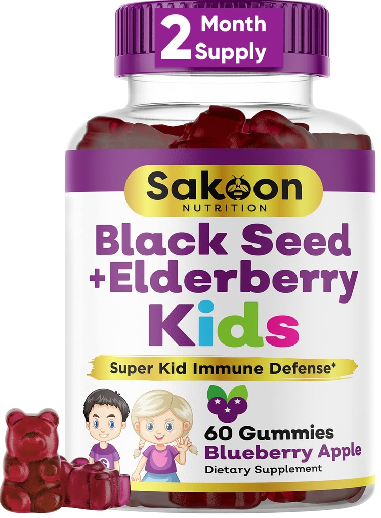 Sakoon nutriție Elderberry & Black Seed Oil Gummies pentru copii, Immune Support, cu vitamina C și zinc, Aroma delicioasa Berry, 60 Gume