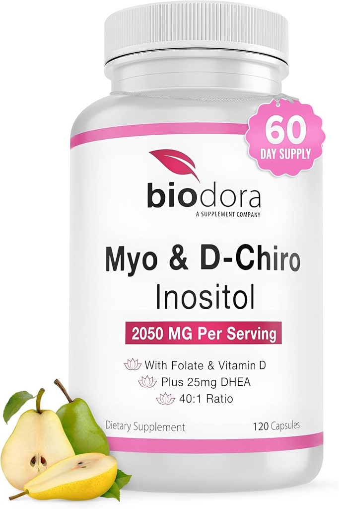 Myo & D-Chiro Inositol Supliment, cu Folate și vitamina D, 40 la 1 Ratio, Include DHEA, Ajuta la echilibrul hormonal, Funcția ovariană, 2050 mg per Serving, 120 capsule