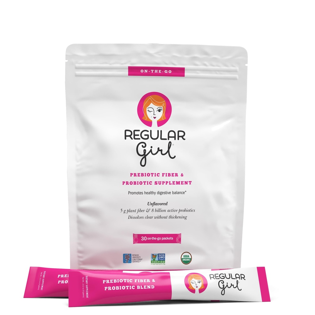 Pudră organică normală pentru fete, supliment de fibre prebiotice și probiotice pentru femei, FODMAP scăzut, 30 Pachete On-The-Go, 30 Pachete de servire