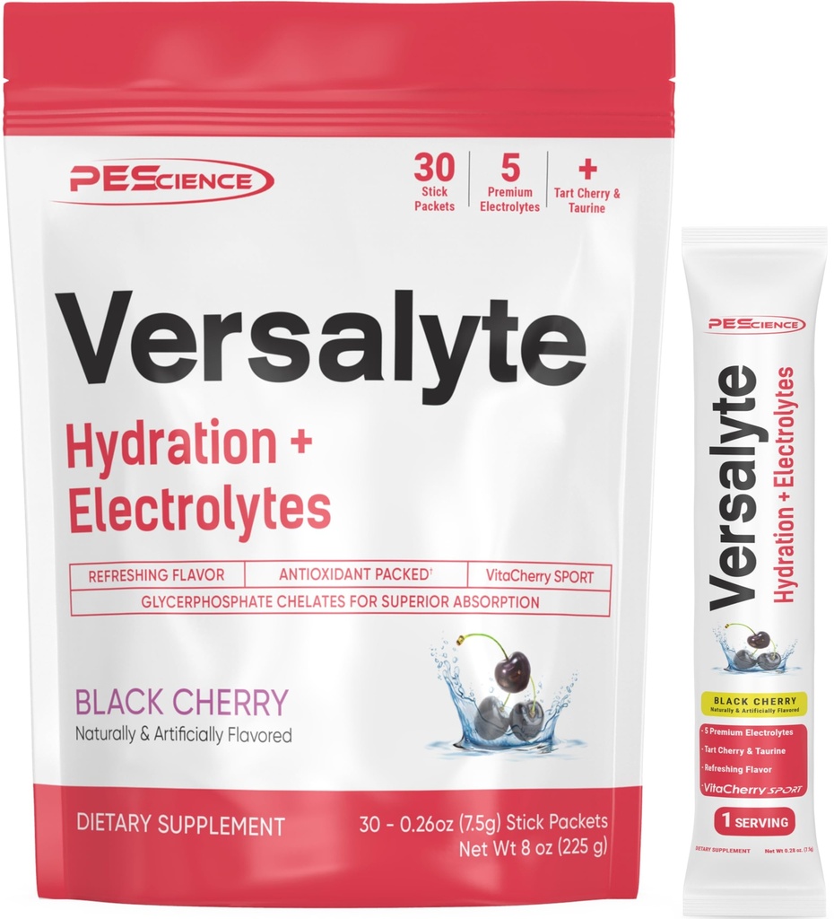 Pescience Versalyte Electrolyte Hidratare Pachete, Zahar Free Electrolit Pulbere cu magneziu, Taurină, Antioxidanti, Minerale Trace - Negru Cherry, 30 Serviri