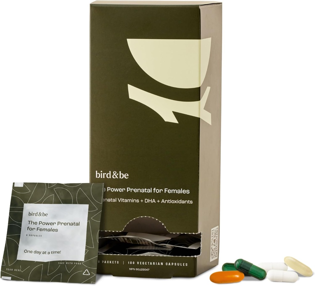 Bird &be Power Prenatal pentru femei - Suport de fertilitate cu ulei de alge DHA (Omega-3), CoQ10 și N-Acetyl Cysteine - 30 de zile de aprovizionare