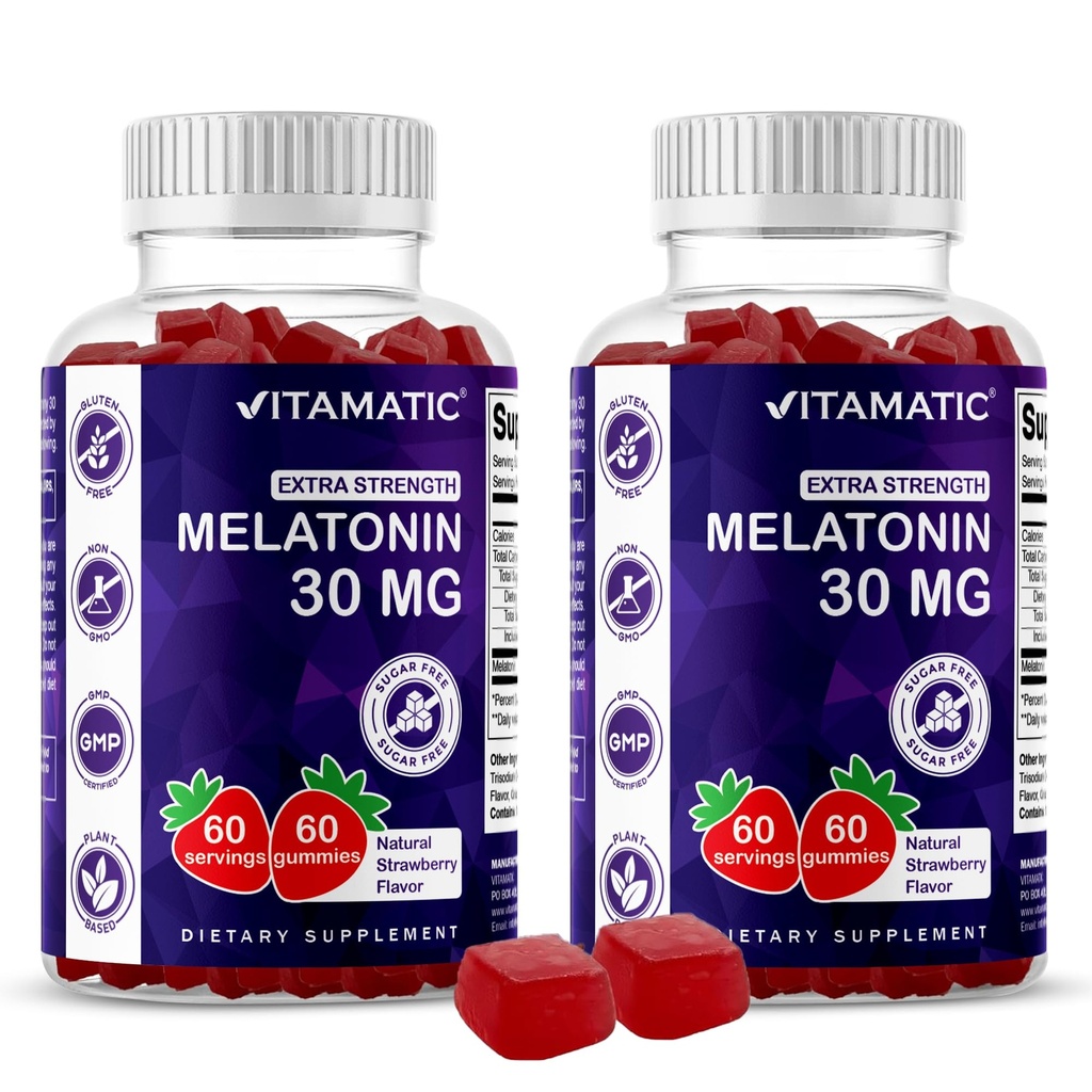 Melatonină fără zahăr Vitamatic 30mg per Gummy - 60 Serviri - 60 Gume vegetariene - Supliment de formare non-habit (60 Conte (Pachet de 2))