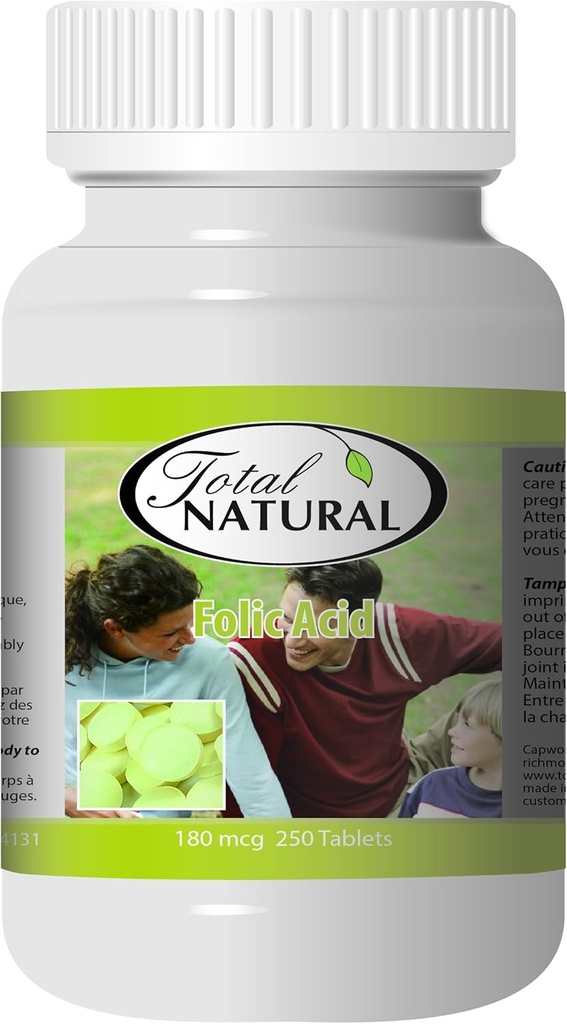 Acid folic 180mcg 250t [1 Sticluță] de Total Natural, bun pentru gravide, Dezvoltarea sănătoasă a celulelor roșii sanguine