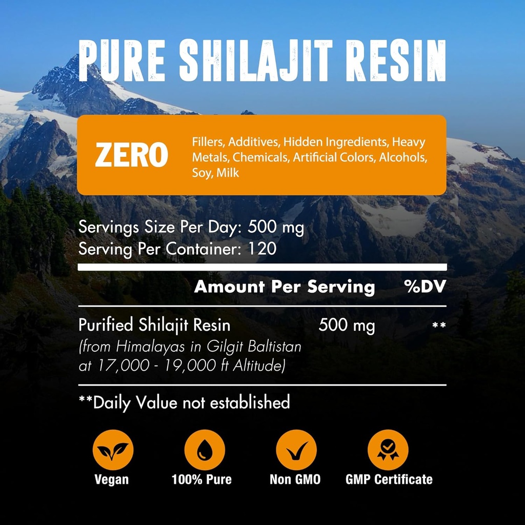 60.000 MG Shilajit Pure Organic Resin - 65% Acid fuzelian & 85+ Trace Minerale, 120 Servings - Waken Energy Booster & Support Immune, Îmbunătățește Global Health & Brain Booster - Zahăr gratuit