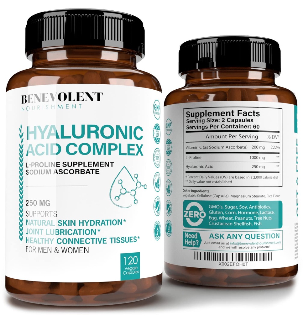 Acid hialuronic Suplimente 250mg cu 200mg vitamina C, 1000mg L-Proline & Anti-Aging Beneficii, Acid hialuronic Capsule pentru Piele Tineret, Joints & Connective Sanatate tesutului - 120 capsule
