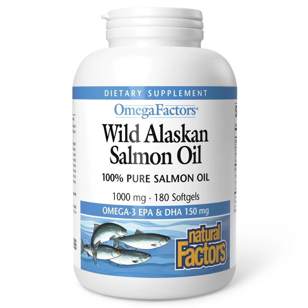 Factori naturali Uleiul de somon sălbatic din Alaska furnizează Omega-3, EPA, DHA & Vitamina D, susține sănătatea creierului și a inimii, 180 Softgels
