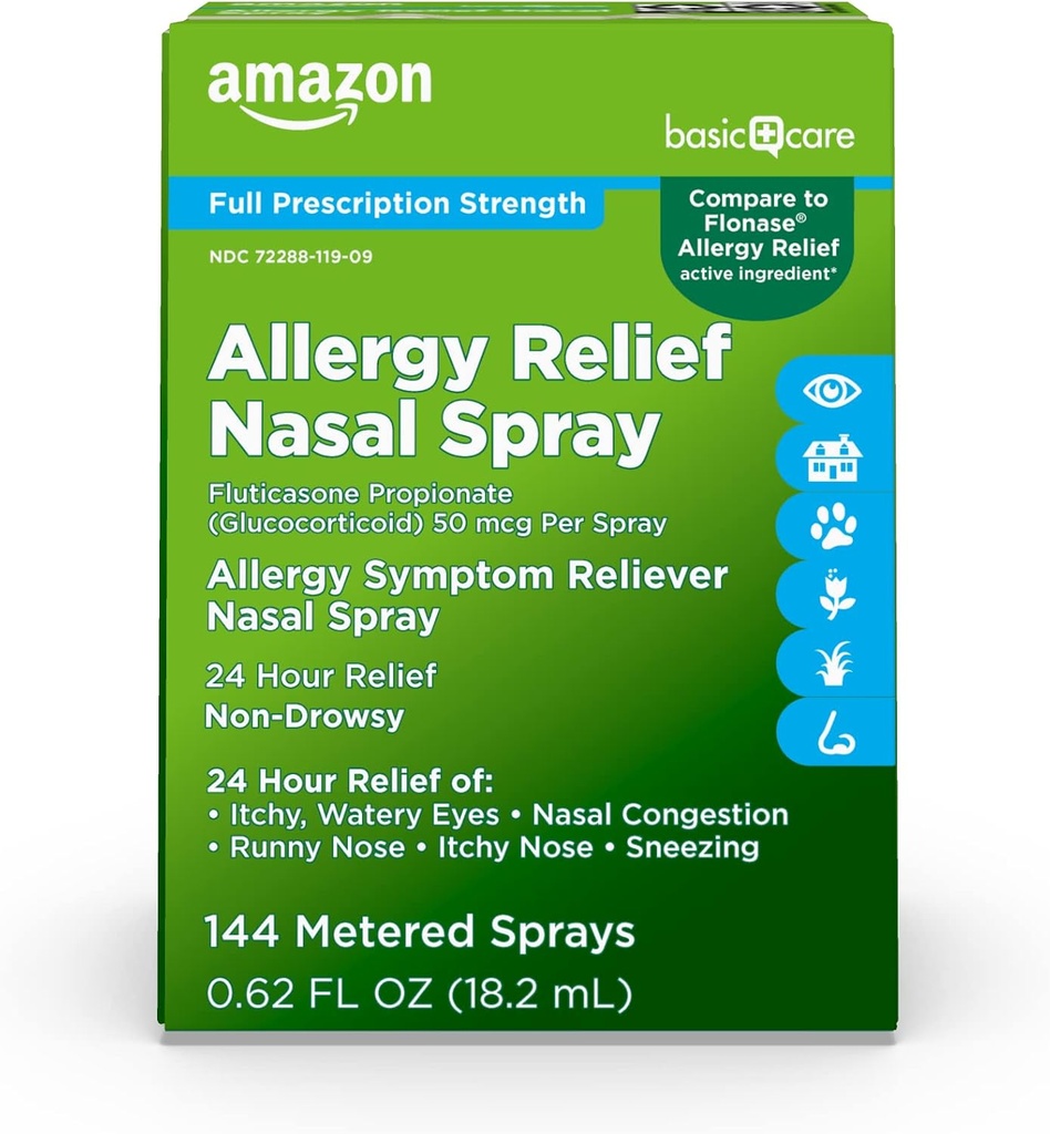 Îngrijire de bază 24-Hour Alergie Relief Nasal Spray, Fluticasone Propionat (Gycocorticoid), 50 mcg, Rețetă completă, Ne-Drowsy, 0.62 fl oz (Pachet de 1)
