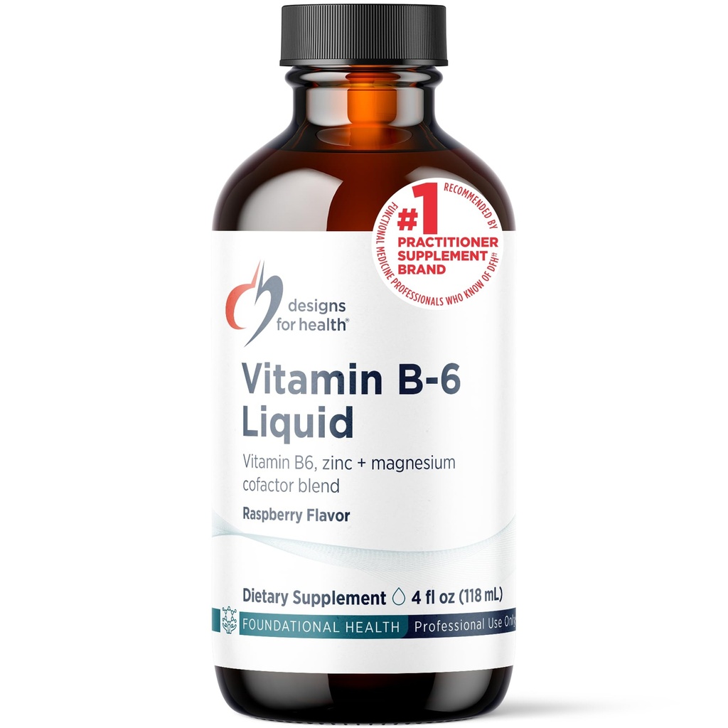 Design-uri pentru sănătate Vitamina B6 lichid - 50 mg B6 cu chelat de magneziu + supliment de zinc - absorbanți Ușor + Aroma de zmeură mare gustare (24 Serviri / 4 Fl Oz)