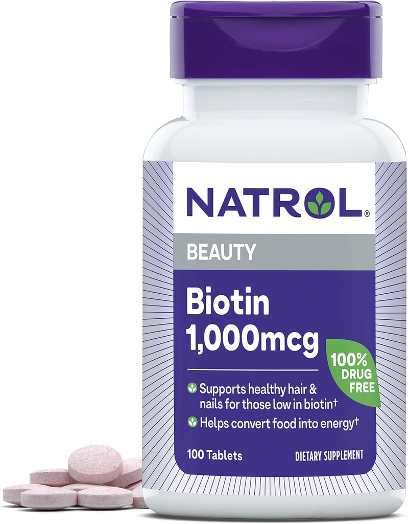 Natrol Beauty Biotin 1000mcg, Supliment alimentar pentru par sanatos, piele, unghii si energie Metabolism, 100 comprimate, 100 zile de aprovizionare (Pachet de 12)