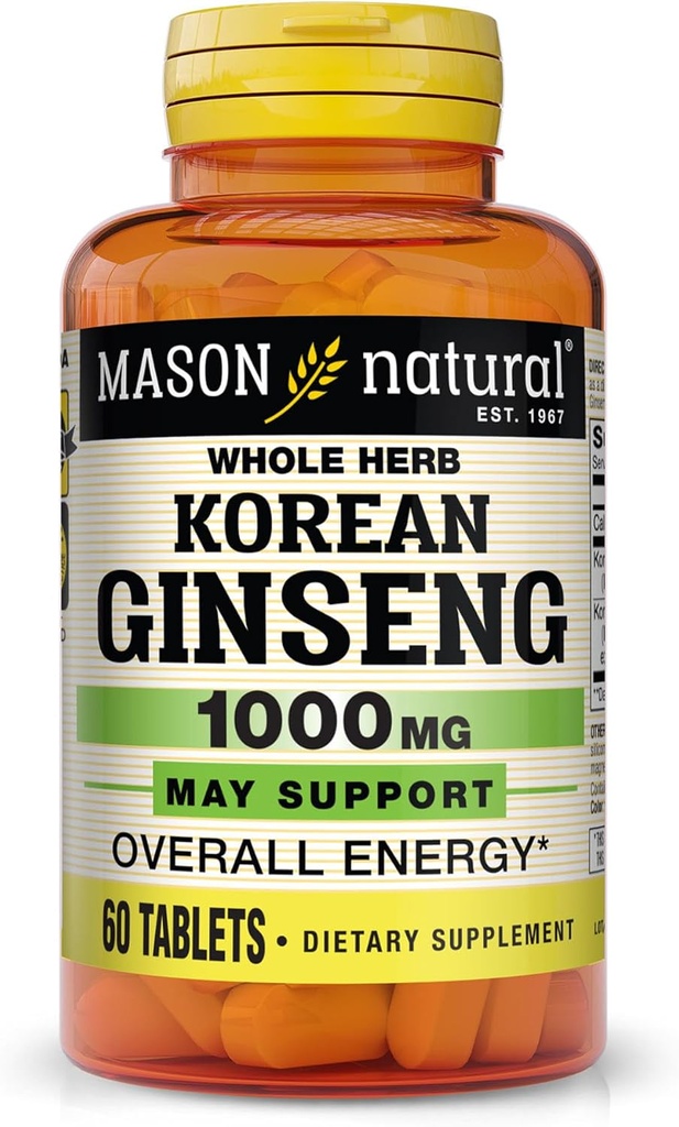 MASON NATURAL Korean Ginseng 1000 mg, Susţine energia, rezistenţa şi vitalitatea, 60 comprimate
