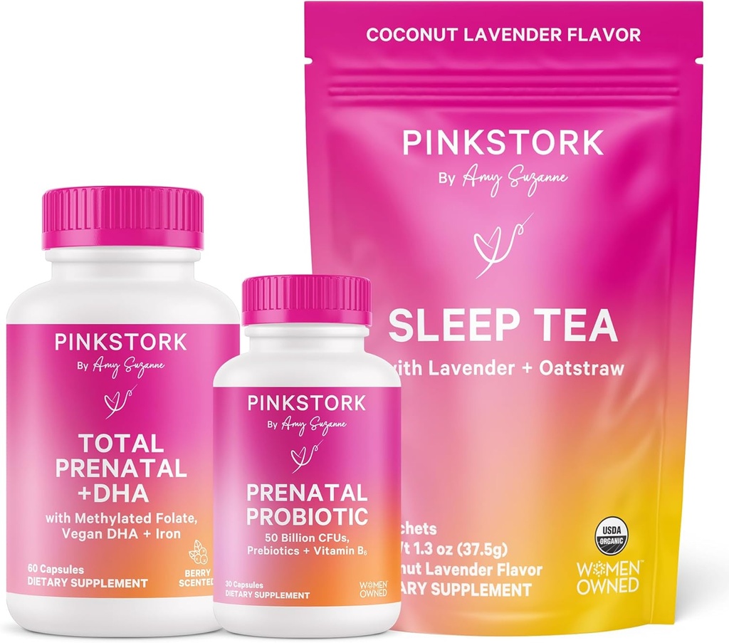 Sarcina Stork roz Bundle: Vitamina prenatala cu DHA & Folate, Probiotice prenatale pentru gravide, Ceai de somn fără melatonină, Sarcina trebuie să aibă pentru fiecare trimester, set de 3