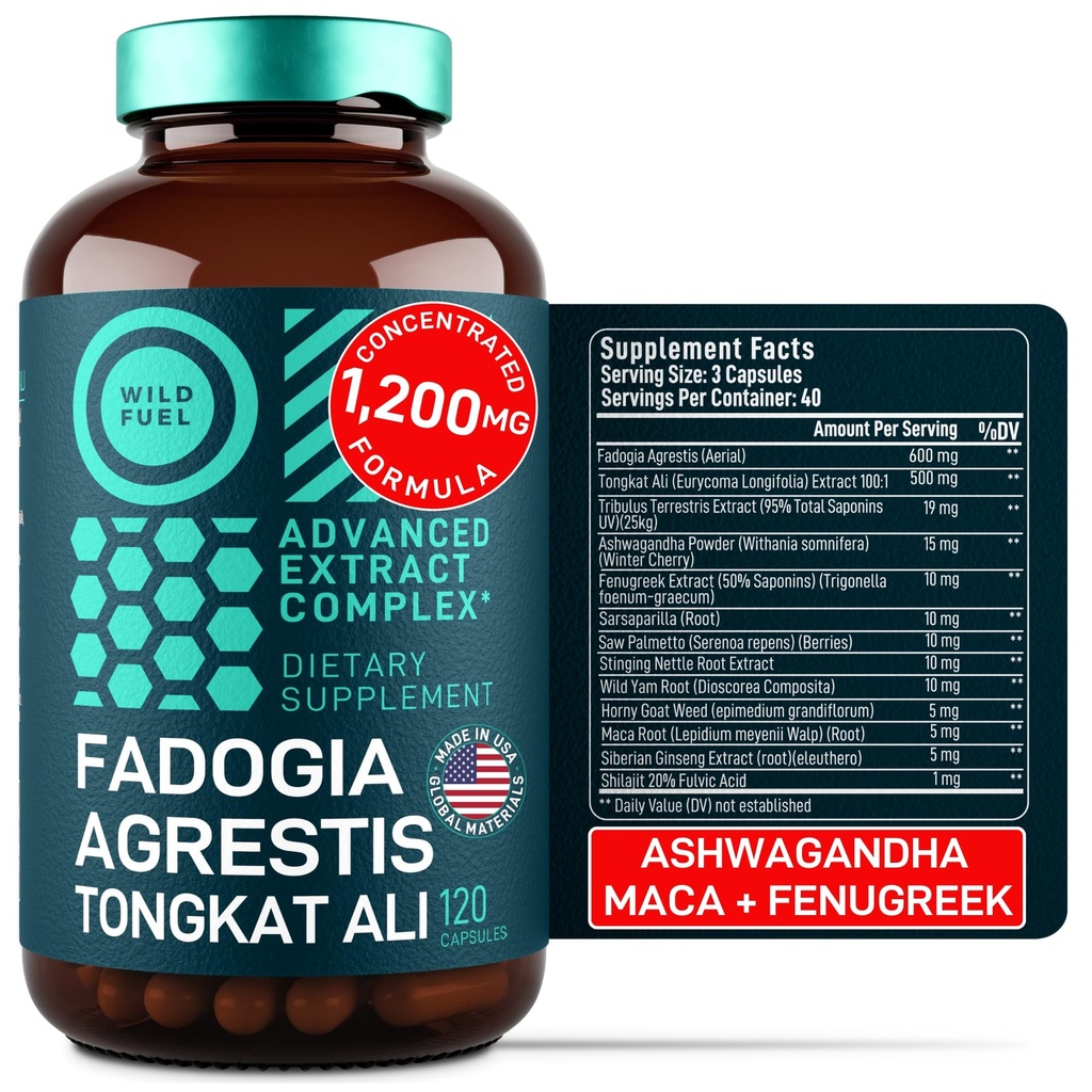 Fadogia Agrestis si Tongkat Ali Supliment - 600mg Fadogia Agrestis pentru barbati, 500mg Longjack Tongkat Ali, Ashwagandha Maca Fenugreek Complex - Putere musculara, energie, suport de mood - 120 capsule
