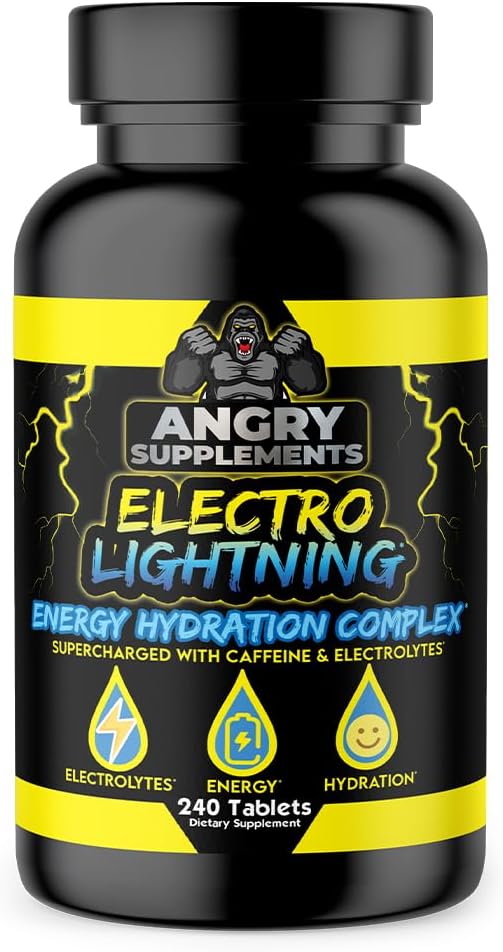 Suplimente Angry Electro Lightning Energie Complex de hidratare Electrolit tablete - Hidratat cu calciu, magneziu, sodiu, potasiu & pastile de cafeină (240ct, 120 de zile de aprovizionare)