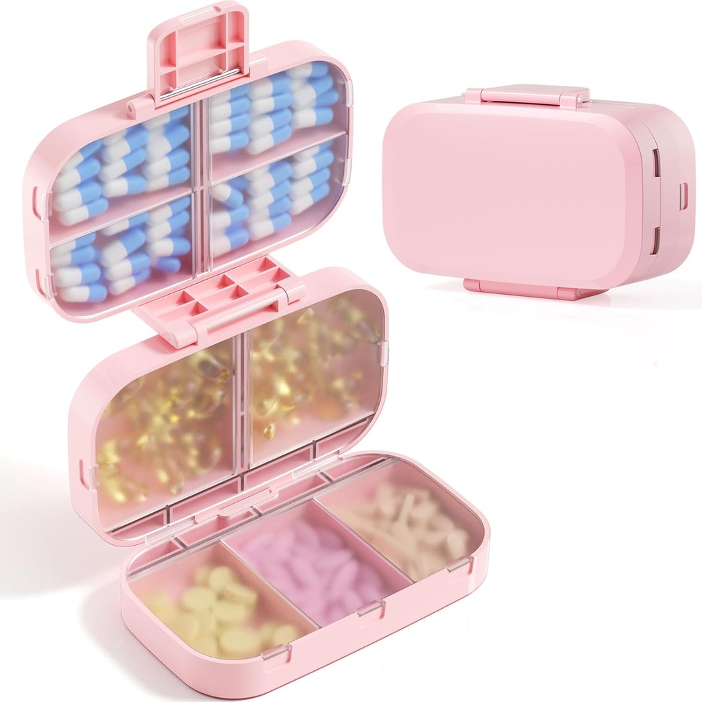 MEACOLIA Triplu-Folding Pilula Organizator, 9 Compartimente Pastile de călătorie Caz cu capacitate mare, Zilnic Pilula cutie mic recipient pentru vitamina, Cod Ulei de ficat, Suplimente (Pink)