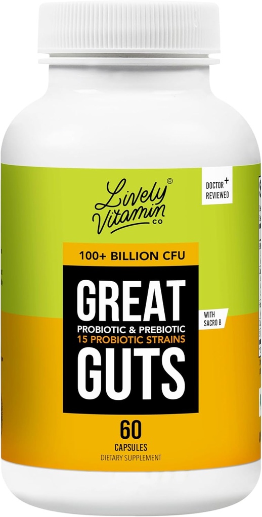 VITAMIN CO. Great Guts Probiotic - 100 Miliarde CFU Probiotic - Echilibru Microbiom Gut, GI Tract, Inflamație, Indigestie, Reflux, Upset Stomac, & Diaree - 60 Capace