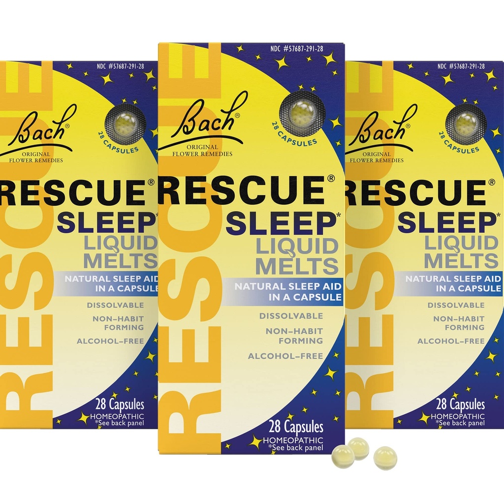 RESCUE Bach Sleep Liquid Melts, Natural Orange Vanilla Flavor, Natural Sleep Aid, Stres Relief, Homeopatic Flower Essence, Free of Melatonin, Non-Alcohol, 3 Pack, 28 Conte Fiecare