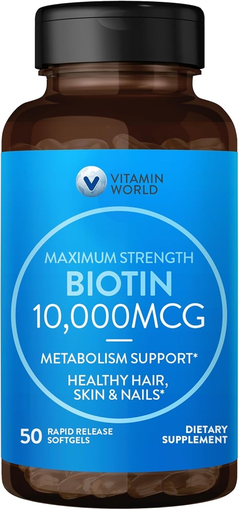 Vitamina World Ultra Mega Biotin 10.000 mcg. 50 Softgels, Vitamina B, susține părul sănătos, piele și unghii, rapid-eliberare, Gluten gratuit